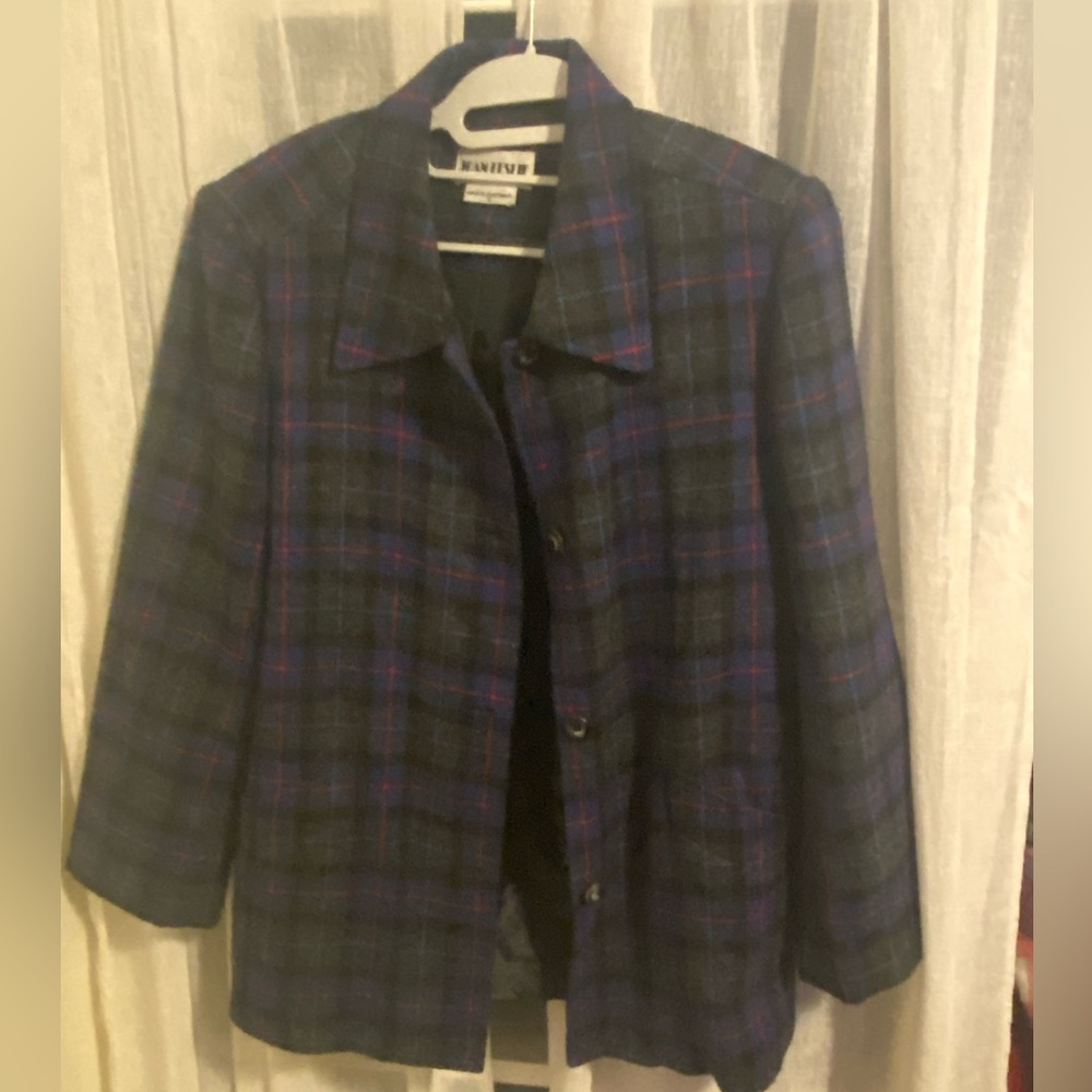 LNR vintage blazer + quilted skirt set in in grey + purple + red plaid, Sz 10